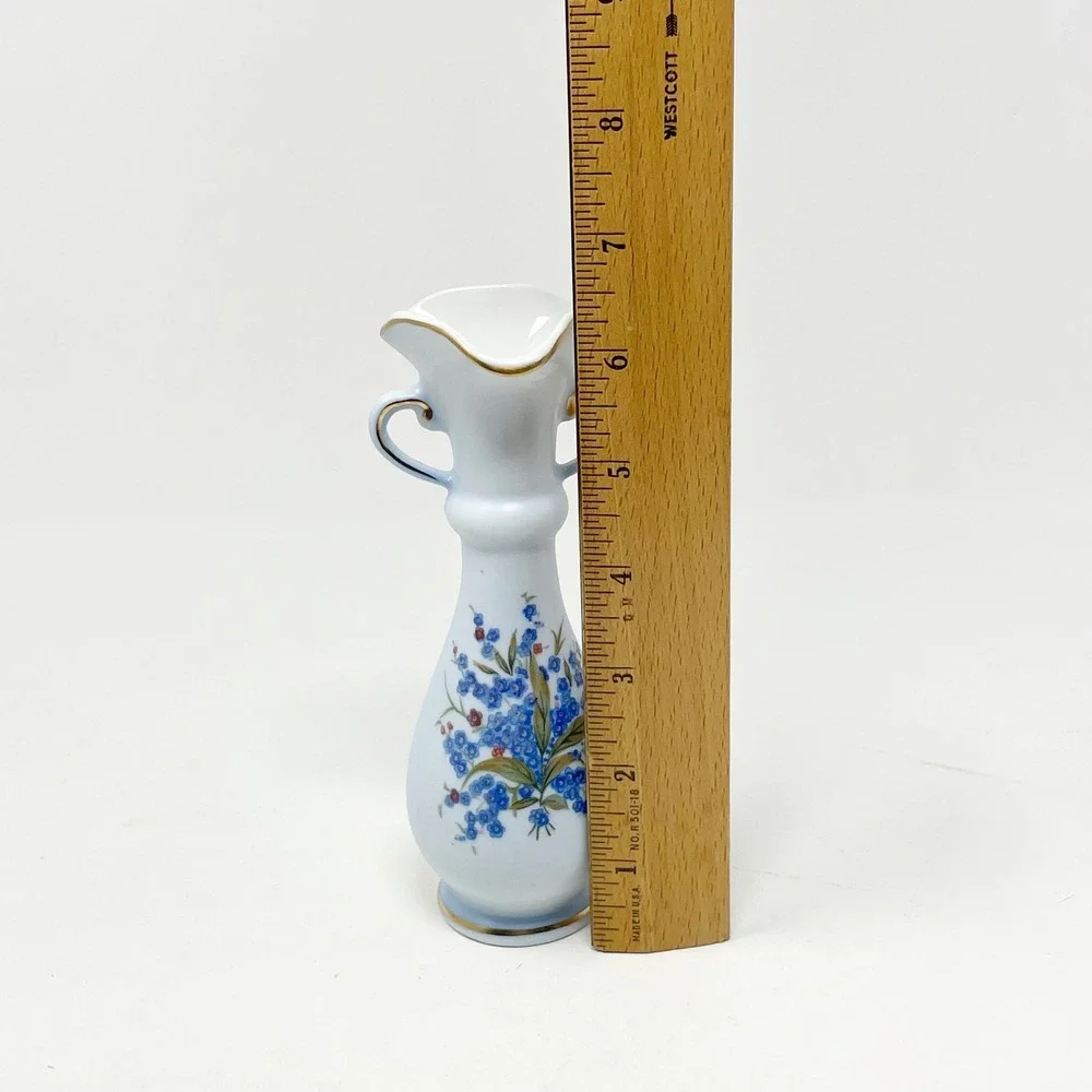 Lefton Blue Floral Bud Vase Hand Painted Gold Trim #8181 6.25 Inches Cottagecore